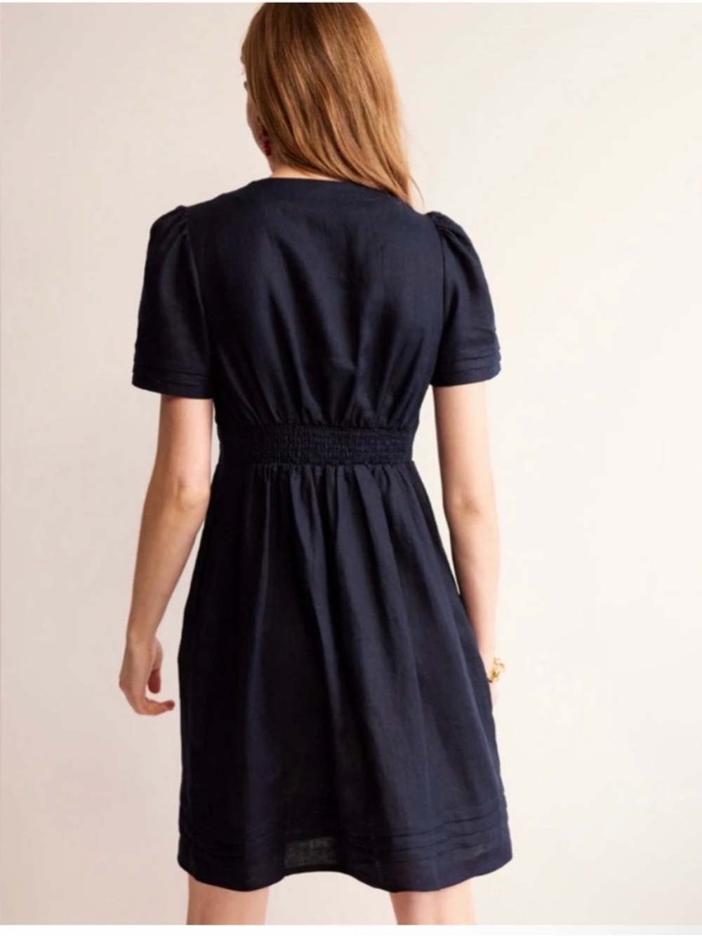 Boden Eve 100% Linen Dress Navy Short Puff Sleeve V-Neck Summer Resort Size 4 - Picture 3 of 10
